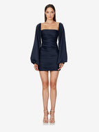 Daily Dresses Mini Green Pleated Long Sleeves Square Neck Glossy Satin Off Shoulder Ruched Slim Party Club Dress