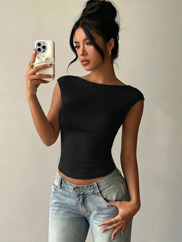 Sleeveless Tees Black Backless Lace Bateau Neck Women Tee Shirt