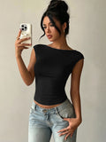 Sleeveless Tees Black Backless Lace Bateau Neck Women Tee Shirt