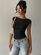 Sleeveless Tees Black Backless Lace Bateau Neck Women Tee Shirt