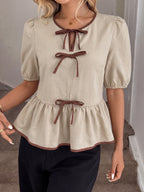 Round Neck Contrast Ribbon Bow Puff Sleeve Peplum Blouse