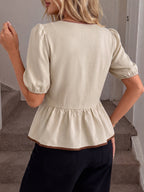 Round Neck Contrast Ribbon Bow Puff Sleeve Peplum Blouse