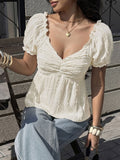 Cream White V Neck Shirred Bust Smocked Flared Hem Summer Top