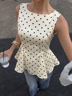 Cream White Black Dot Square Neck Fitted Waist Ruffle Hem Satin Top