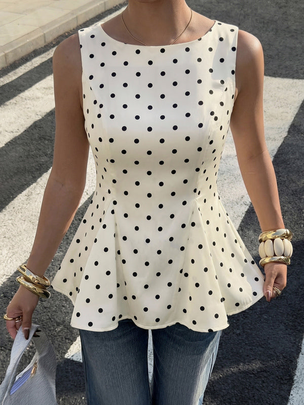 Cream White Black Dot Square Neck Fitted Waist Ruffle Hem Satin Top
