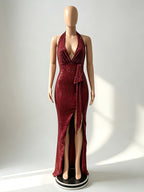 Party Dress Maxi Champagne Halter V-Neck Lace High Slit Sleeveless Sexy Semi Formal Dress