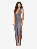 Party Dress Maxi Champagne Halter V-Neck Lace High Slit Sleeveless Sexy Semi Formal Dress