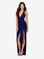 Party Dress Maxi Champagne Halter V-Neck Lace High Slit Sleeveless Sexy Semi Formal Dress