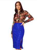 Women High Waist Sequin Midi Skirt Front Slit Bodycon Pencil Party Skirt