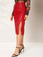 Women High Waist Sequin Midi Skirt Front Slit Bodycon Pencil Party Skirt