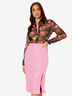 Women High Waist Sequin Midi Skirt Front Slit Bodycon Pencil Party Skirt