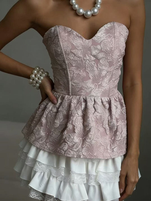 Corset Tops Black Sexy Lace-up Strapless Jacquard Corset Top Peplum Bustier