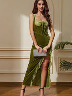 Party Dress Maxi Velvet Green Spaghetti Strap Neck Irregular Sexy Semi Formal Bodycon Dress