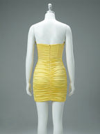Party Dress Mini Yellow Strapless Sexy Semi Corset Satin Bodycon Formal Night Club Dress