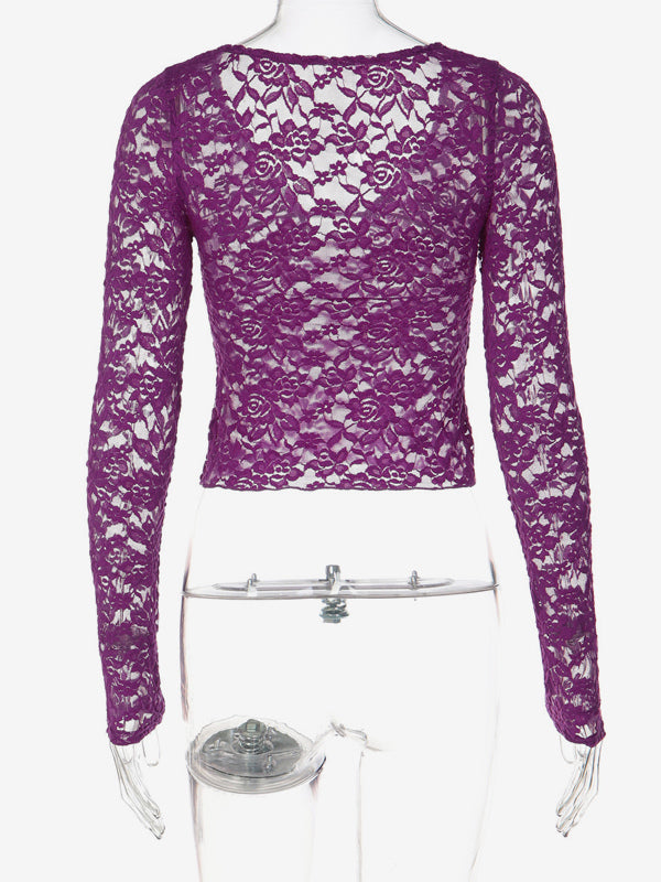 Violet Black Stretchy Sheer Lace Long Sleeve V Neck Cutout Cropped Blouse