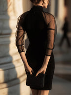 Date Night Dresses Mini Long Sleeves High Collar BlackRuched High Neck See Through Mesh Slim Party Dress