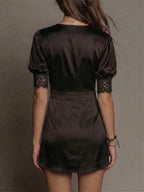 Date Night Dresses Mini Lace Short Sleeves V-Neck Sexy Black Satin Wrap Nightgown