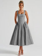 Date Night Dresses Maxi Plaid Straps Square Neck Swing Sweet Red Dress