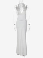 Two Piece Sets White Chic Lace Up Street Wear V-Neck Sleeveless Skirt Set