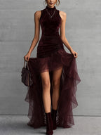 Date Night Dresses Maxi High Low Design Ruffles Sleeveless High Collar Velvet Bodycon Evening Gown