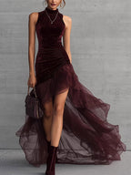 Date Night Dresses Maxi High Low Design Ruffles Sleeveless High Collar Velvet Bodycon Evening Gown