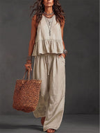 Two Piece Sets Ivory Jewel Neck Sleeveless Bohemian Tank Top Wide Leg Pant Set