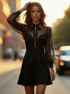Date Night Dresses Mini Lace Long Puff Sleeves Jewel Neck Elegant Black Dress