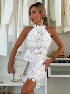 Date Night Dresses Mini Sleeveless Jewel Neck Chic White Halter Floral Lace Dress