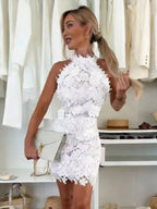 Date Night Dresses Mini Sleeveless Jewel Neck Chic White Halter Floral Lace Dress