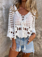 Boho Crochet Hollow Out Cover Up Tees White Lace Lace Up V-Neck T Shirt Blouse