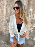Sweaters Cardigans White 3/4 Length Sleeves V-Neck Front Tie Cropped Cover Up Top