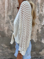 Sweaters Cardigans White 3/4 Length Sleeves V-Neck Front Tie Cropped Cover Up Top