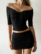Two Piece Sets Deep Brown Chic Bows Street Wear Jewel Neck Long Sleeves Skirt Set