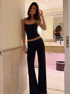 Two Piece Sets Black Silk Spaghetti Strap Crop Cami High Waist Flare Pants Set