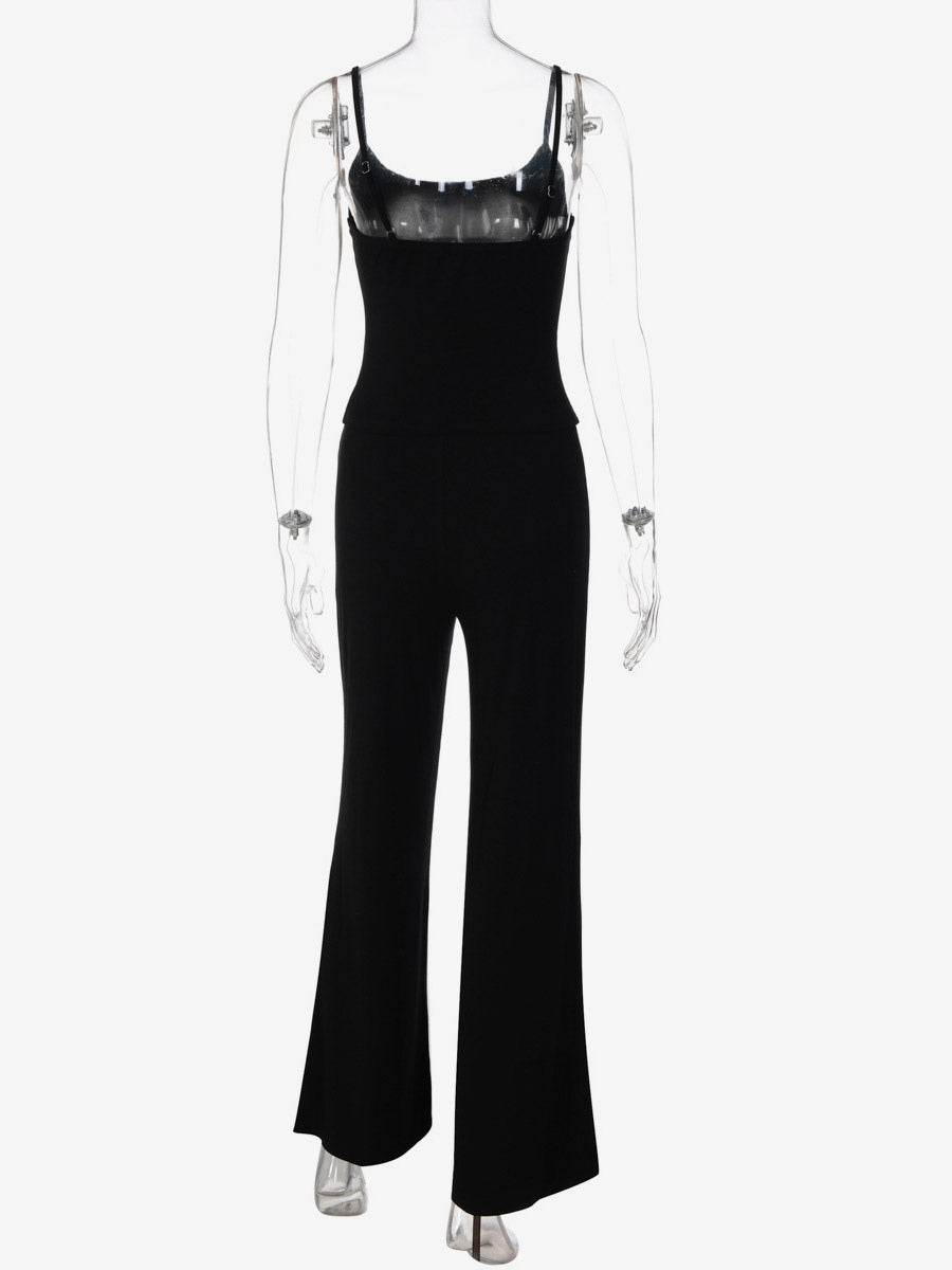 Two Piece Sets Black Silk Spaghetti Strap Crop Cami High Waist Flare Pants Set