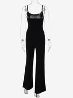 Two Piece Sets Black Silk Spaghetti Strap Crop Cami High Waist Flare Pants Set