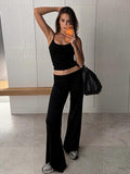 Two Piece Sets Black Silk Spaghetti Strap Crop Cami High Waist Flare Pants Set
