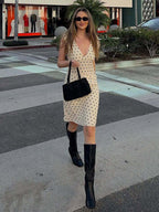 Two Piece Sets Polka Dot Apricot V-Neck Short Sleeves V Neck Tie Strap Cami Top Midi Skirt Set