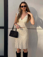 Two Piece Sets Polka Dot Apricot V-Neck Short Sleeves V Neck Tie Strap Cami Top Midi Skirt Set