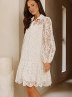 Daily Dresses Ecru White Lace Long Sleeves Turndown Collar Puff Sleeve Mini Shirt Dress