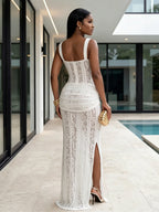 Party Dress Maxi White Neck Lace Spaghetti Strap Corset Bodycon Mermaid Dress