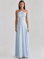 Party Dress Maxi Light Sky Blue Rhinestone Halter Satin Sexy Flowy Semi Formal Dress