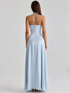 Party Dress Maxi Light Sky Blue Rhinestone Halter Satin Sexy Flowy Semi Formal Dress