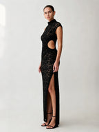 Party Dress Maxi Black High Collar Lace Sleeveless Sexy Bodycon Semi Formal Dress