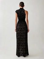 Party Dress Maxi Black High Collar Lace Sleeveless Sexy Bodycon Semi Formal Dress