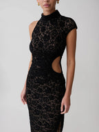 Party Dress Maxi Black High Collar Lace Sleeveless Sexy Bodycon Semi Formal Dress