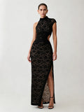 Party Dress Maxi Black High Collar Lace Sleeveless Sexy Bodycon Semi Formal Dress
