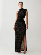 Party Dress Maxi Black High Collar Lace Sleeveless Sexy Bodycon Semi Formal Dress