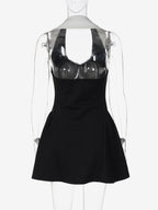 Party Dress Black Sleeveless Color Block Elegant Semi Formal High Waist A Line Mini Dress