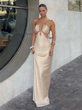 Party Dress Apricot Rhinestone Halter Cutout Waist Backless Side Split Bodycon Satin Mermaid Maxi Dress